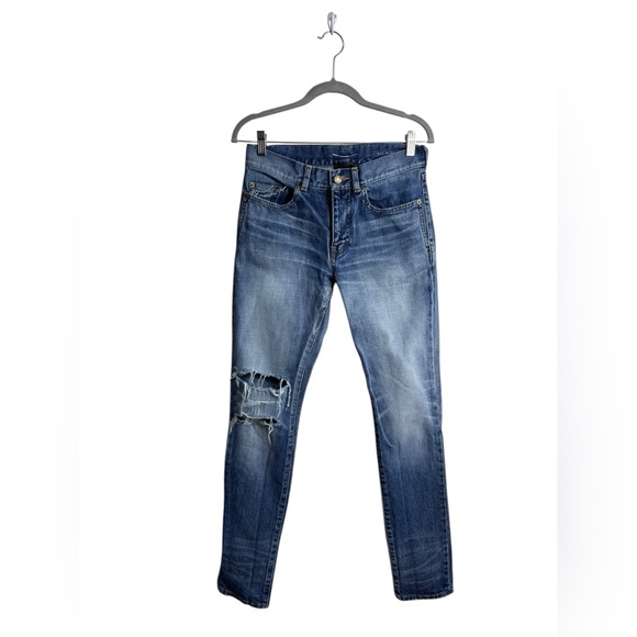 Saint Laurent Mid Blue Denim Knee Rip Distressed Skinny Jeans 28 - Picture 1 of 12